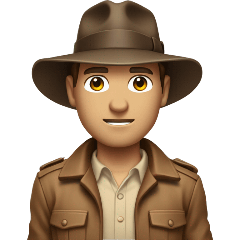 White Indiana Jones with a brown jacket and a brown hat, beige shirt emoji