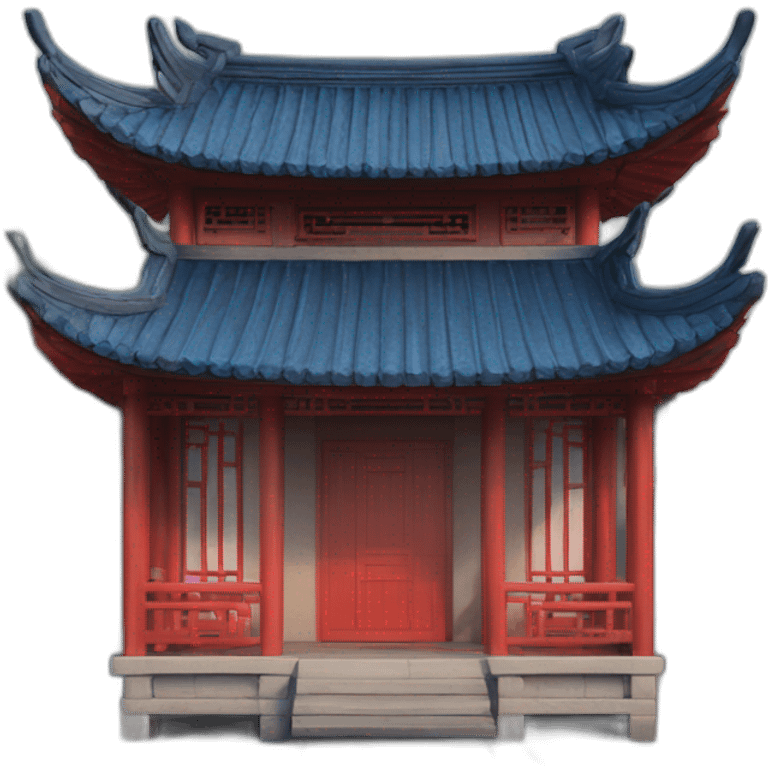 the front facade of a small Chinese-style house with a blue roof and red wooden structures emoji