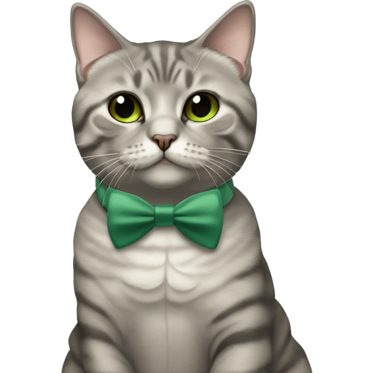 Aesthetic fat grey tabby British short hair full body cat with sage green bow tie emoji