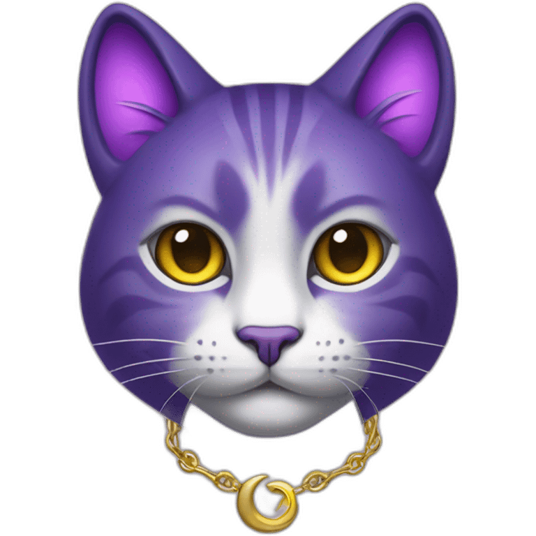 Purple cat with golden crescent moon pendant, dark purple fur on all paws, black eyes and white glowing pupils emoji