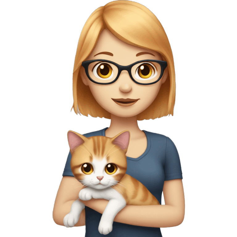 White skin, short strawberry-blonde haired girl with glasses holding calico cat emoji