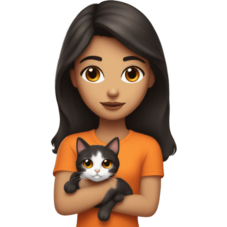 Brunette girl with brown eyes, holding a tricolor cat with black, white and orange furry. Cat hairs are black in one side of its face and orange in the other side of its face. emoji