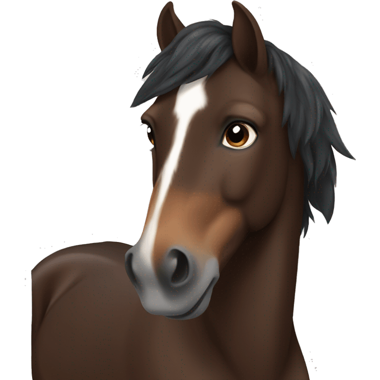 Dark brown horse with dark brown mane and small white marking on forehead emoji