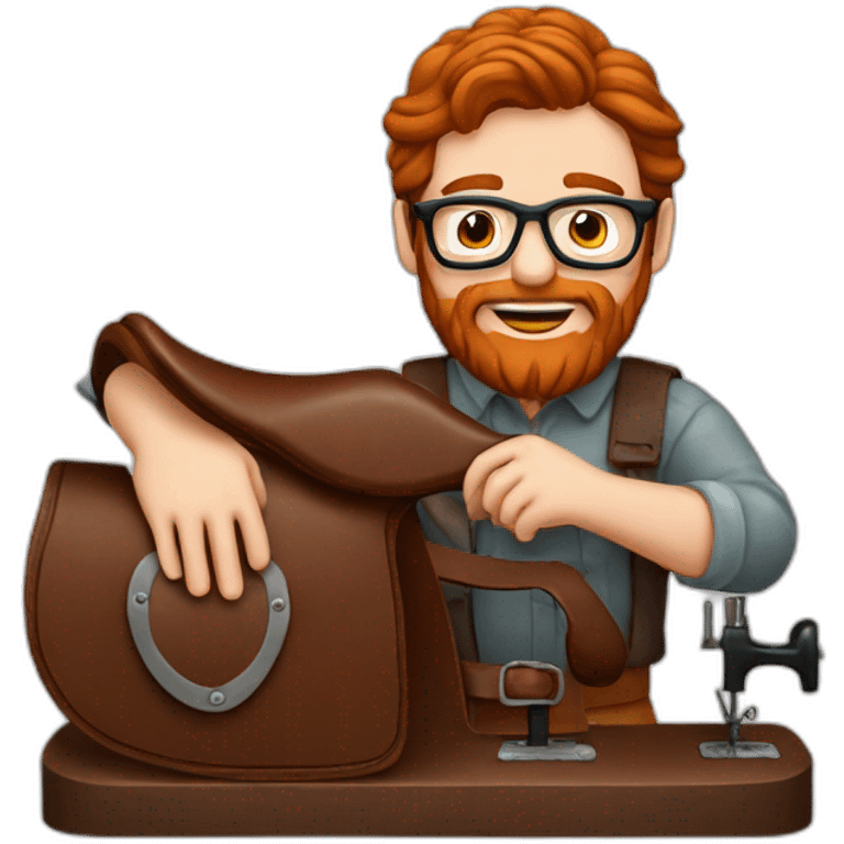 Red haired man with beard and glasses hand sewing a leather saddle emoji