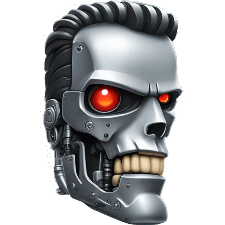 Emoji of a Terminator T-800, looking straight, 2d animation, red eyes, made of metal,  emoji