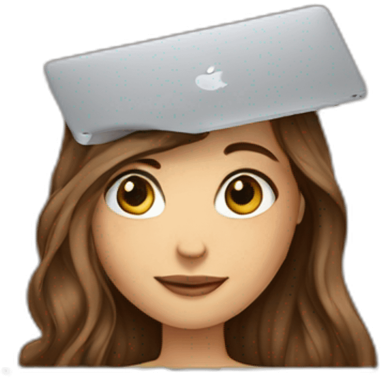 Caucasian girl in long brown hair with macbook emoji