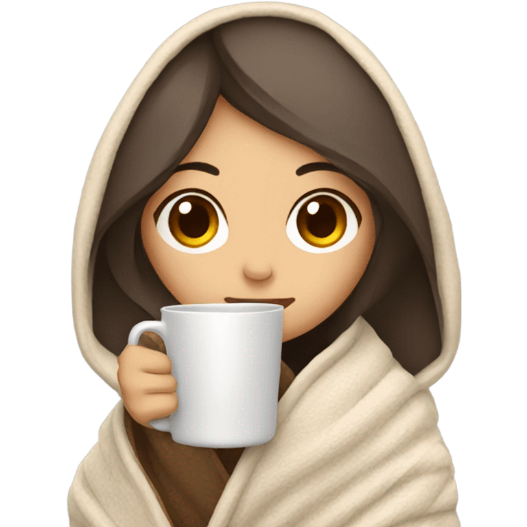 Asian girl wrapped in cozy blanket drinking coffee emoji