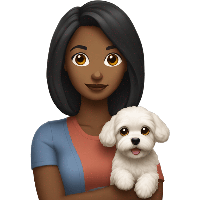 Brown skinned woman with black hair holding MaltiPoo dog emoji