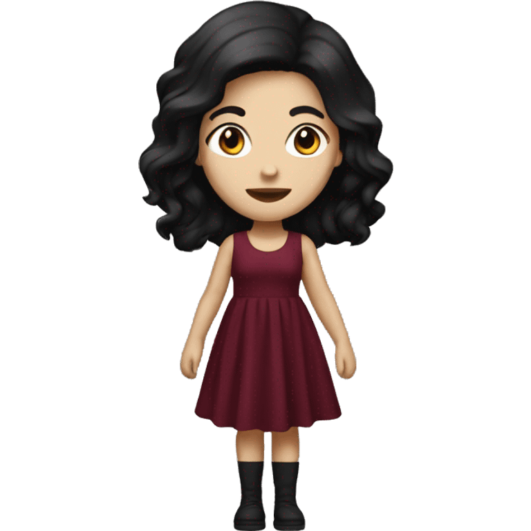 White Girl with black hair wearing maroon dress standing emoji