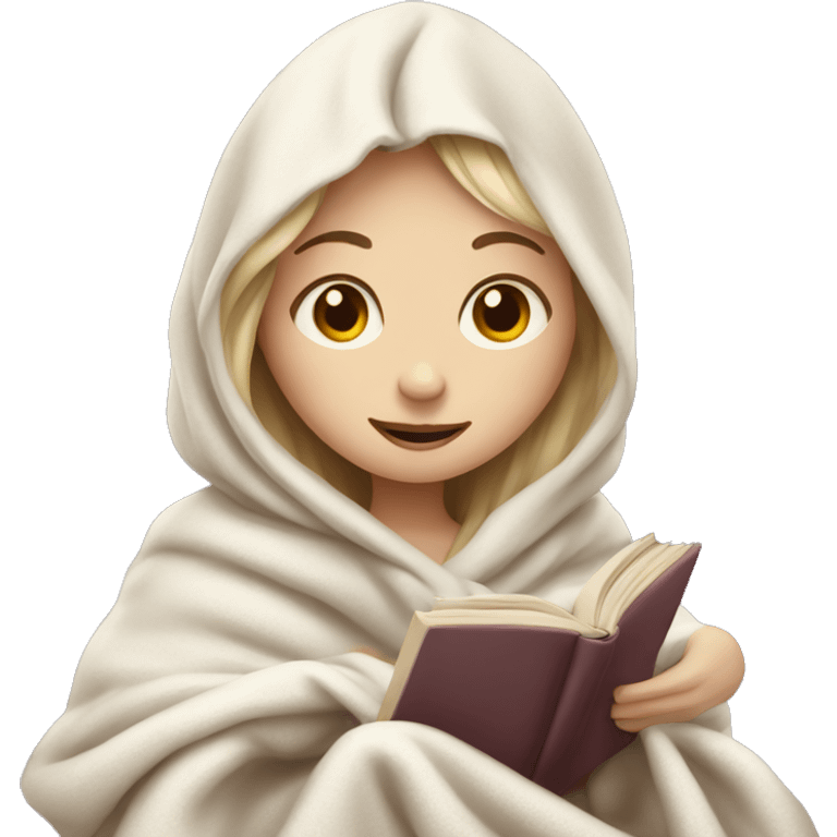 Pale girl, wrapped in a blanket, reading a book emoji