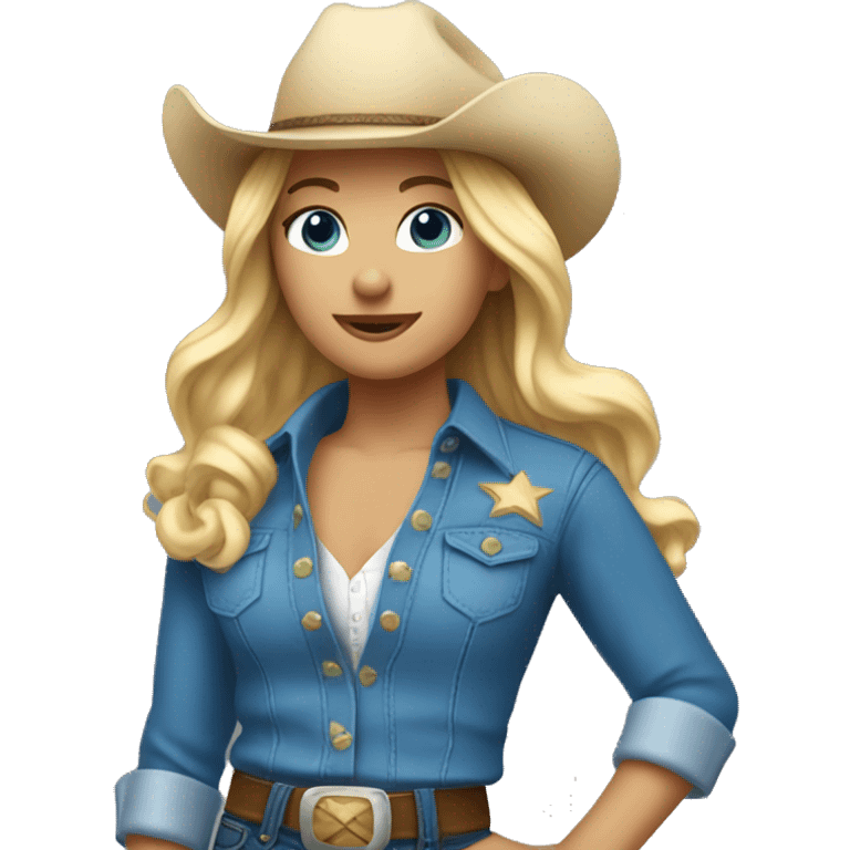 Cowgirl with blonde hair and Blue eyes in blue clothes  and that dances  emoji