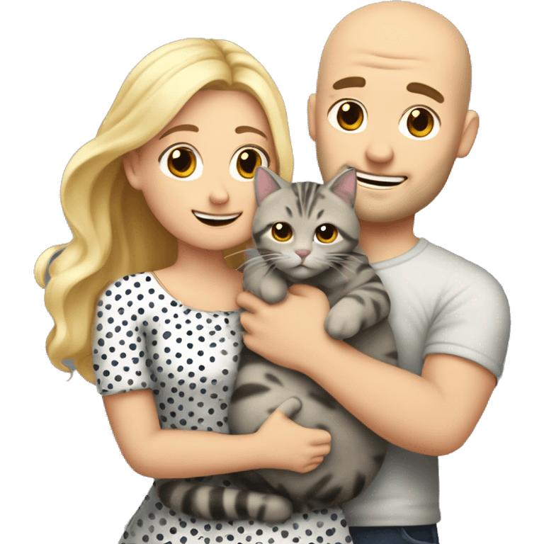 3 objects - a beautiful blonde with long hair and a polka-dotted sundress, a bald handsome man in a rock T-shirt and a fat gray cat with black spots. The man hugs the blonde and holds the cat in his hands emoji