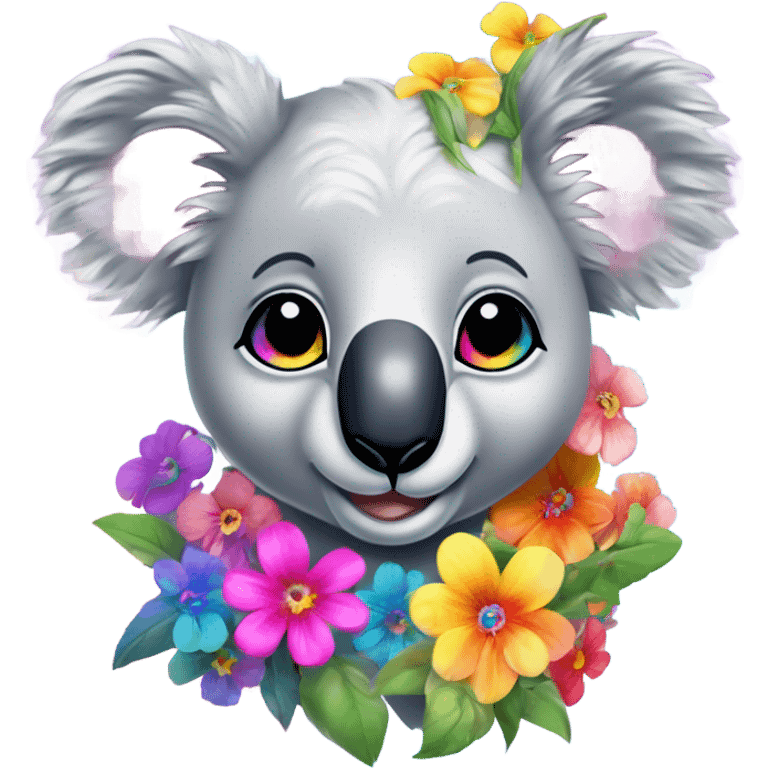 Lisa Frank koala bear with rainbow eyes with flowers emoji