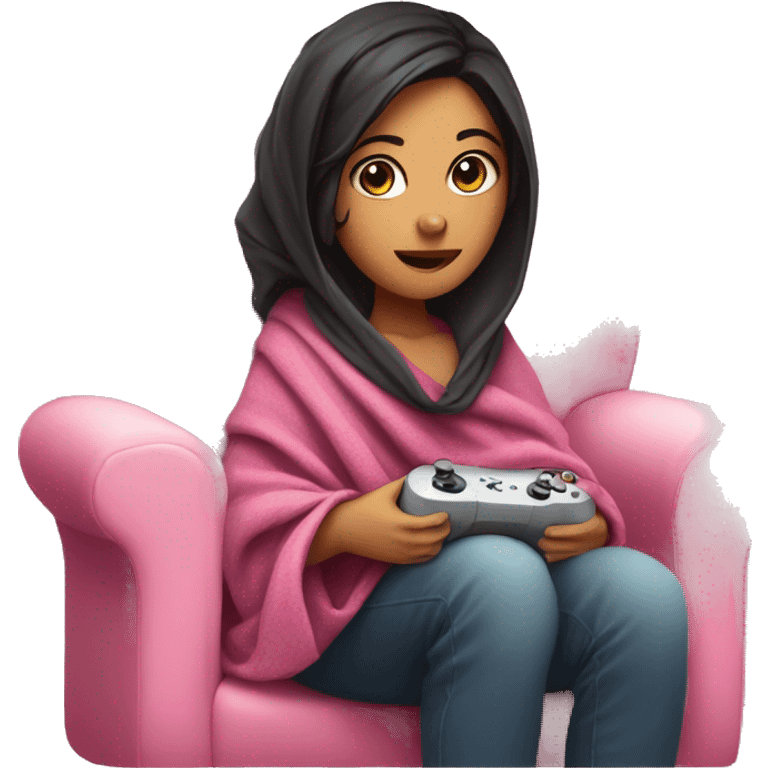 girl with dark hair wrapped up in a blanket sitting on a couch with a pink gaming controller in her hands emoji