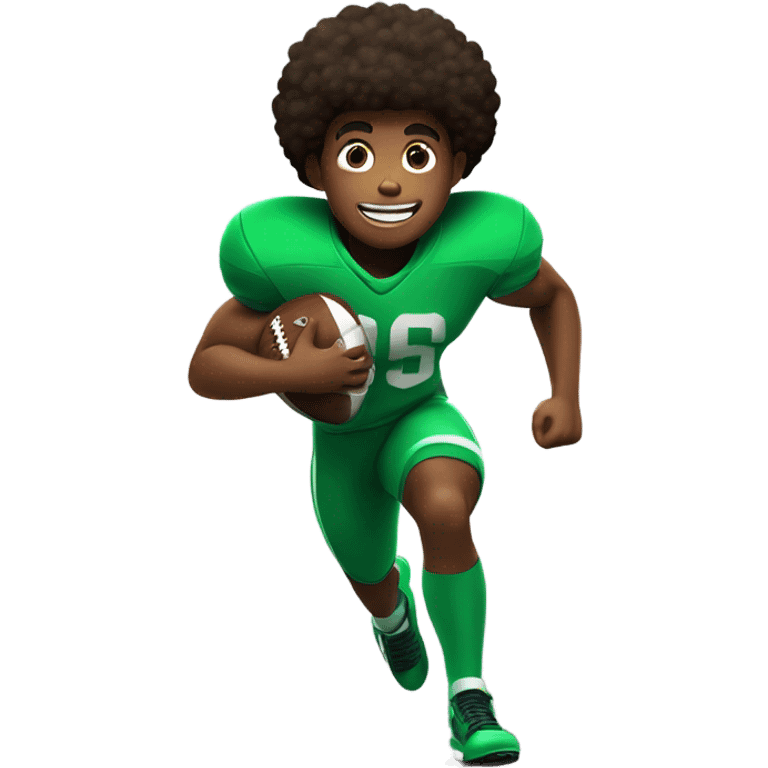 Muscular Afro teenage boy  in green footage uniform running fast with a football in his hand. emoji