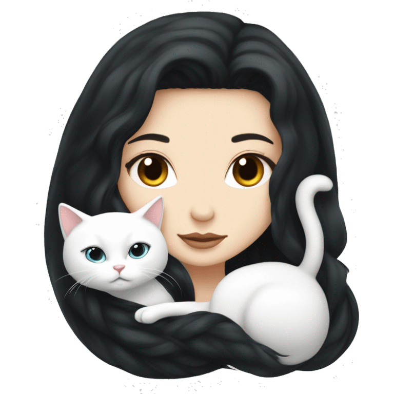 A pretty white girl with very long black hair and sleeping curled up to a white cat  emoji