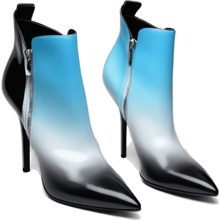 Realistic isolated top view of a pair of white,sky blue,and black ombre Jimmy Choo Stiletto Heel Zippered ankle bootie boots  emoji