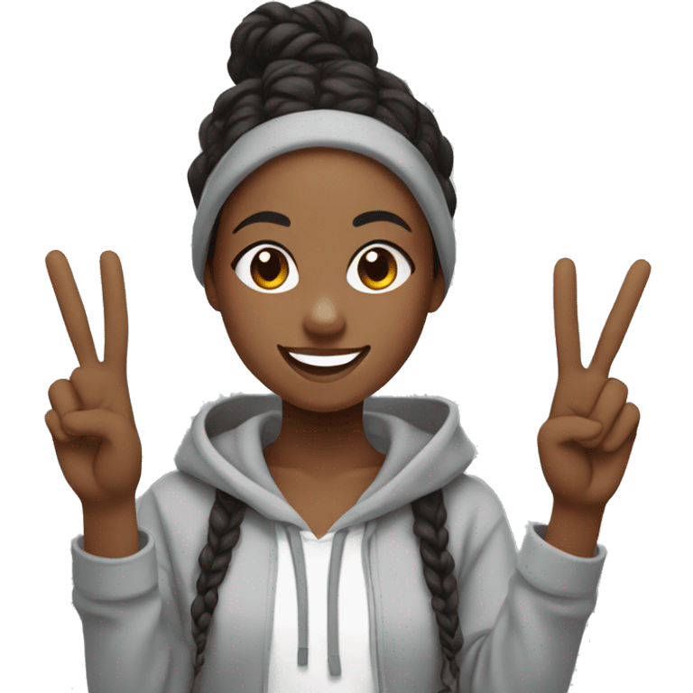 a black girl with dark brown braids and a light grey hoodie smiling and holding up peace signs for a selfie  emoji