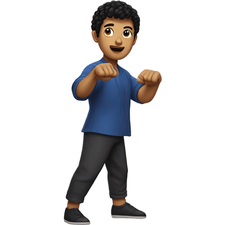 man with short curly black hair with bangs, hands are striking a kung fu greeting pose emoji