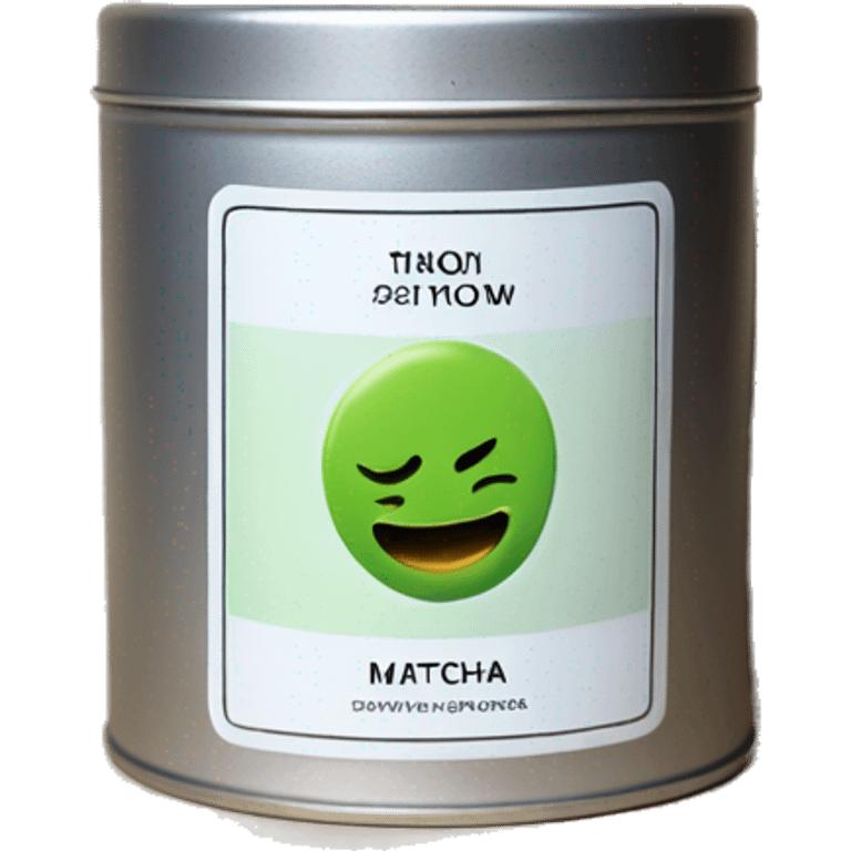 realistic, lit matcha scented candle, silver tin, small white label, text emoji