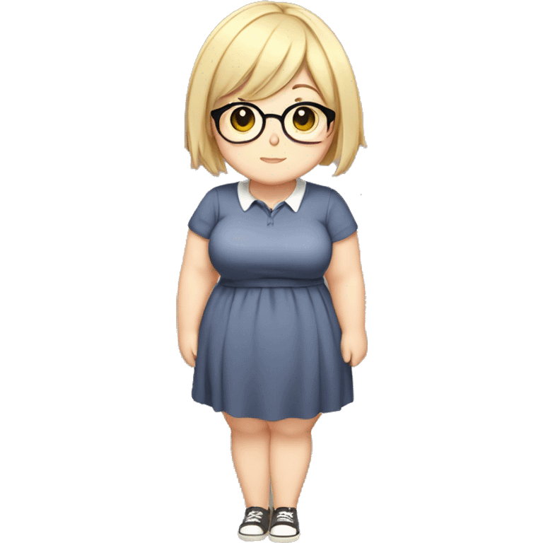 Chubby anime girl with glasses and short blond hair, full body wearing cute dress emoji