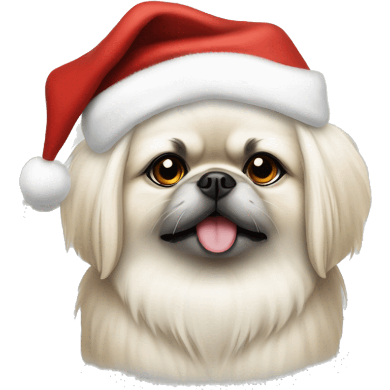 White Pekingese wearing Santa hat emoji