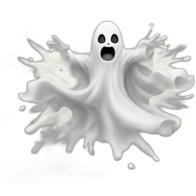 ghost blasting out of a wall and ejecting a spray of greyish white milky substance from lower torso in all directions emoji