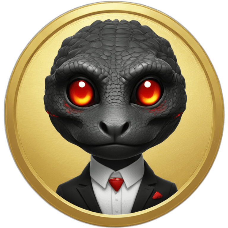 Reptilian with red laser eyes in black suite on the golden coin emoji