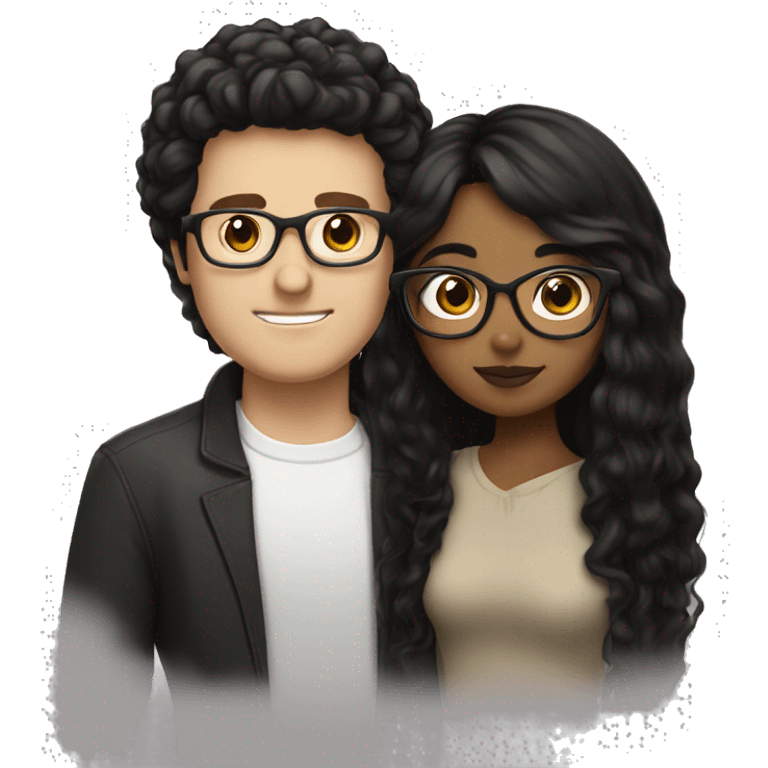 White guy with fluffy black hair kissing Mexican light brown girl with black straight hair and white glasses emoji