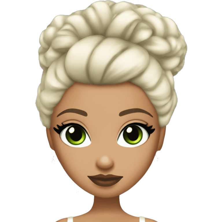 Bratz, bride, black updo hair, olive skin, green almond cat eyes emoji