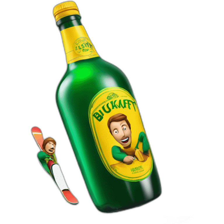 Man freestyle ski grinding over a giant green bottle of buckfast tonic wine with yellow label emoji