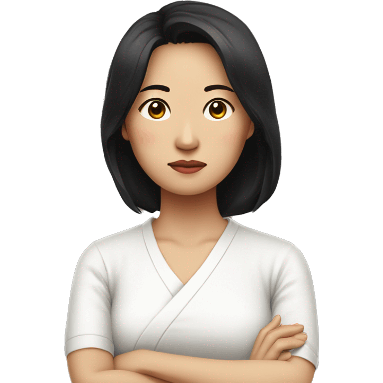 Very sad expression, Korean woman in her 40s, mother, black hair, white shirt, arms crossed emoji