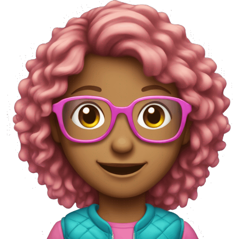 smiling Cooper Haired girl outdoors with pink glasses emoji