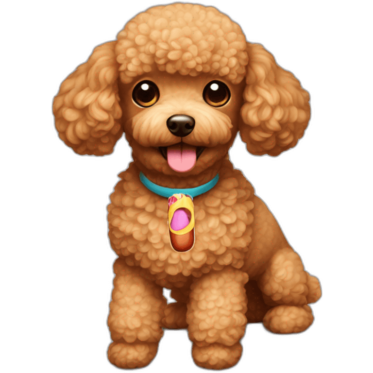 Light brown toy poodle with a hot dog toy emoji