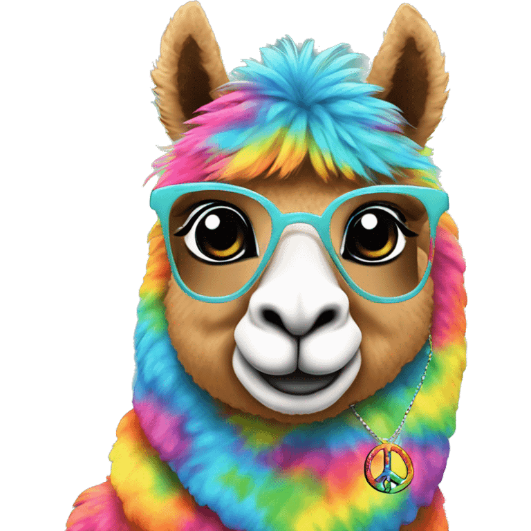 Psychedelic trippy tie die alpaca wearing a peace necklace emoji