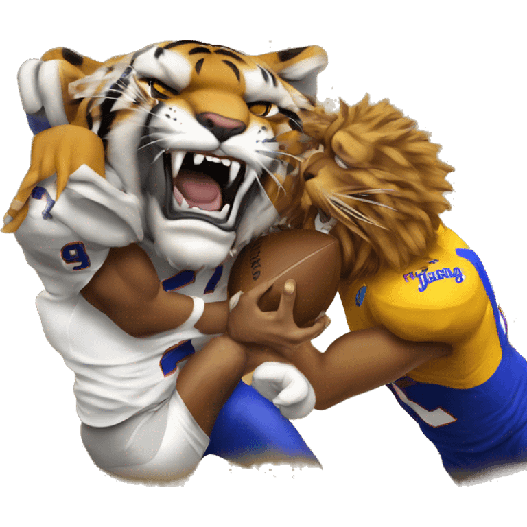 A Missouri tiger beating on a kansas Jayhawk emoji