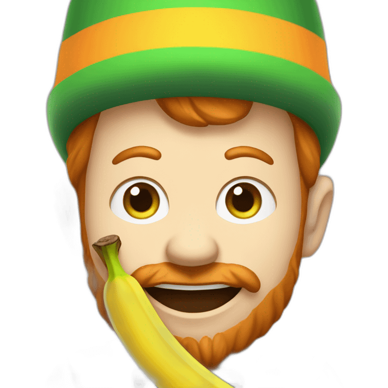 A leprechaun 🍀 who eats a (multi-colored) banana on a rainbow emoji