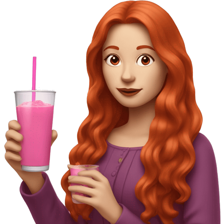 long haired redhead woman drinking a pink drink emoji