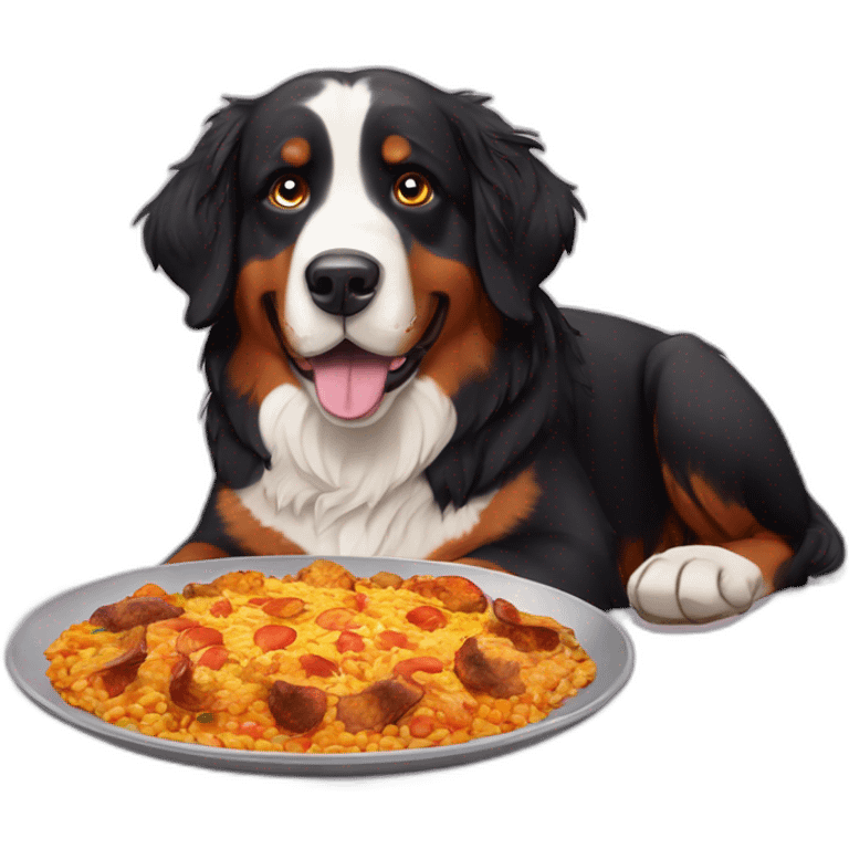 Bernese mountain dog eating a paella emoji