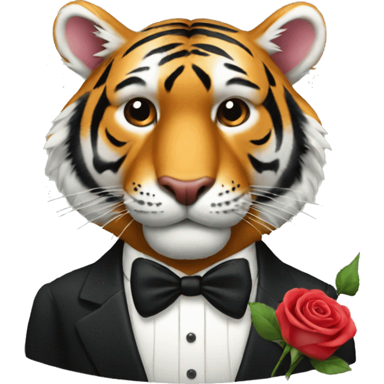 tiger with a rose in his mouth wearing a tuxedo emoji