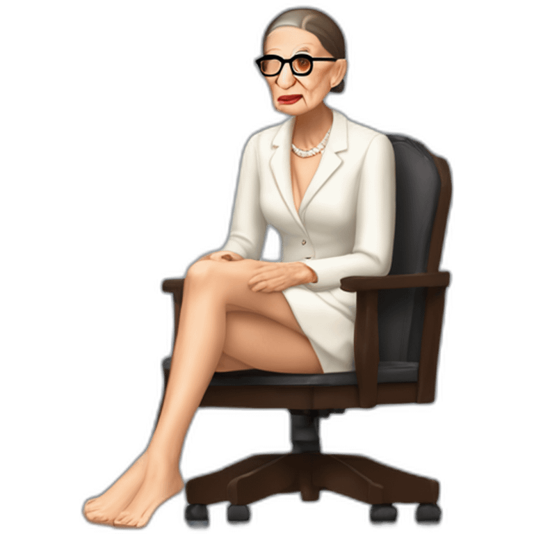 young ruth bader ginsburg wearing a skirt bikini sitting acting out that scene from basic instinct sitting facing forward legs apart(full body, ios17) man's body emoji