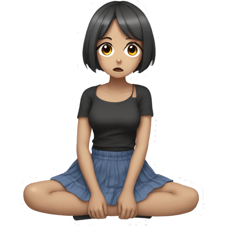 anime girl sad full body, Mini skirt, sits on floor emoji