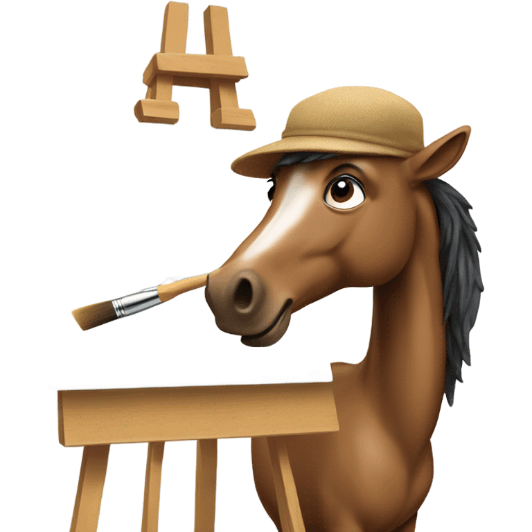 horse artist wearing a beret and standing in front of an easel with a paintbrush in his mouth emoji