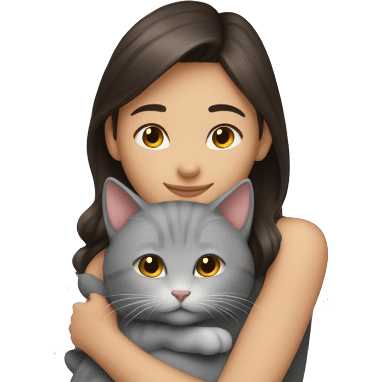 Brunette girl hugging gray cat emoji