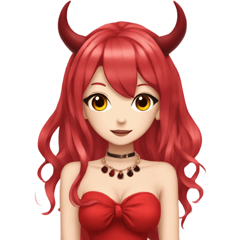 hime gyaru girl, devil horns, red hair, red dress emoji