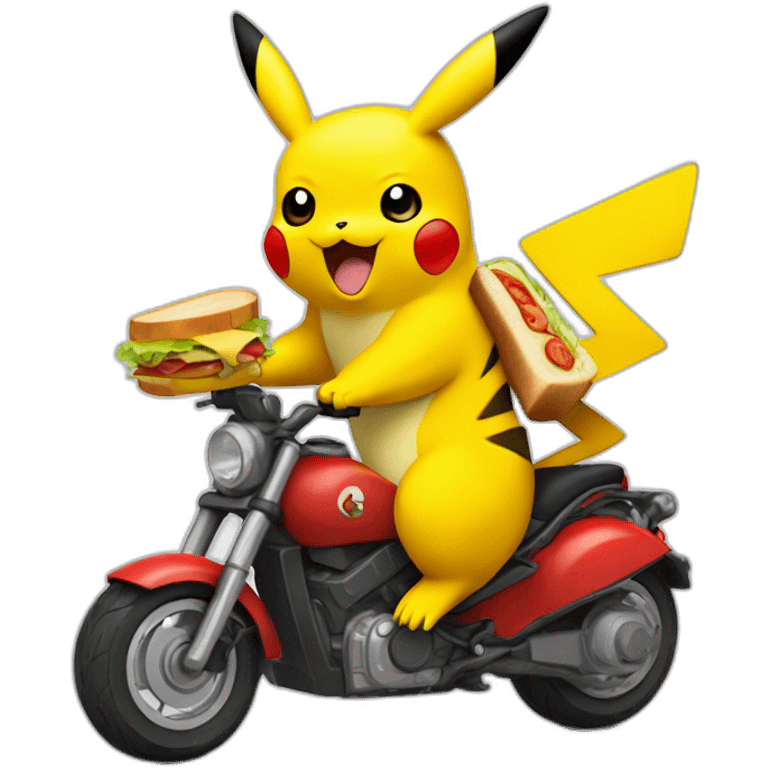 Pikachu avec un sandwich sur une moto emoji