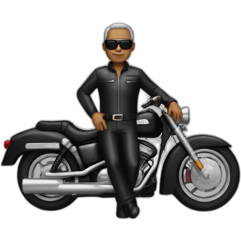 56 year old man, balled, brown eyes, black motorcycle suit, sunglasses on forehead emoji