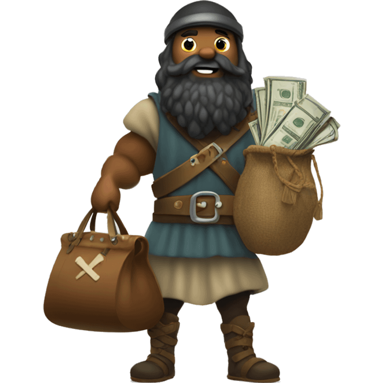 Viking black beard carrying overloaded bag with money emoji