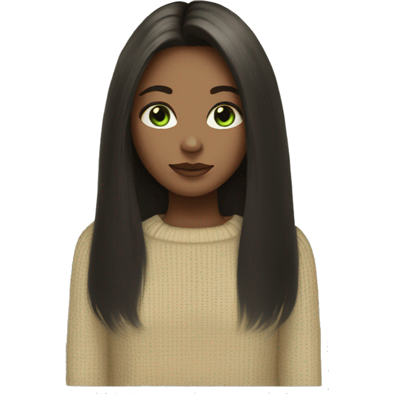 Girl with black straight long hair pale skin light green eyes and beige sweater  emoji