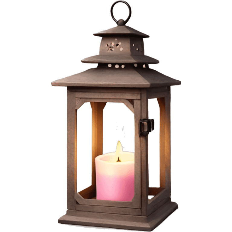 Realistic Single HD light pink rustic lantern with glass and lit candle inside. emoji